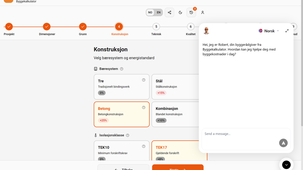 Byggekostnad Pro — Norwegian building-cost calculator with a step-by-step estimator and an AI advisor chat