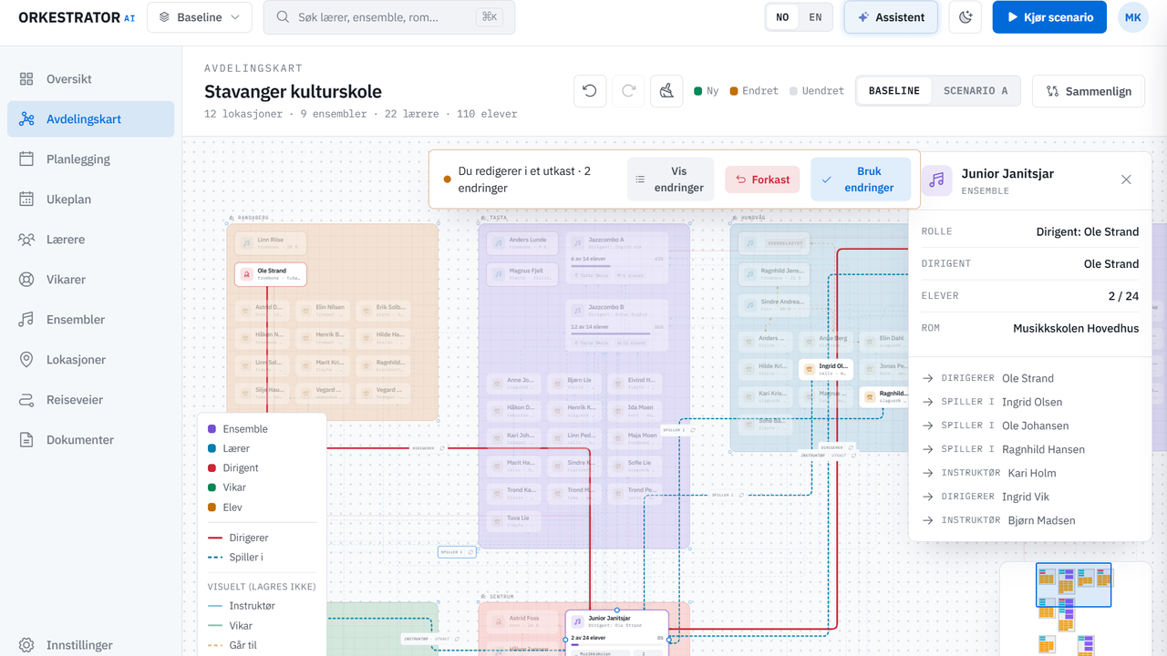 Orkestrator AI — drag-and-drop planning board of teachers, ensembles and students for a music school