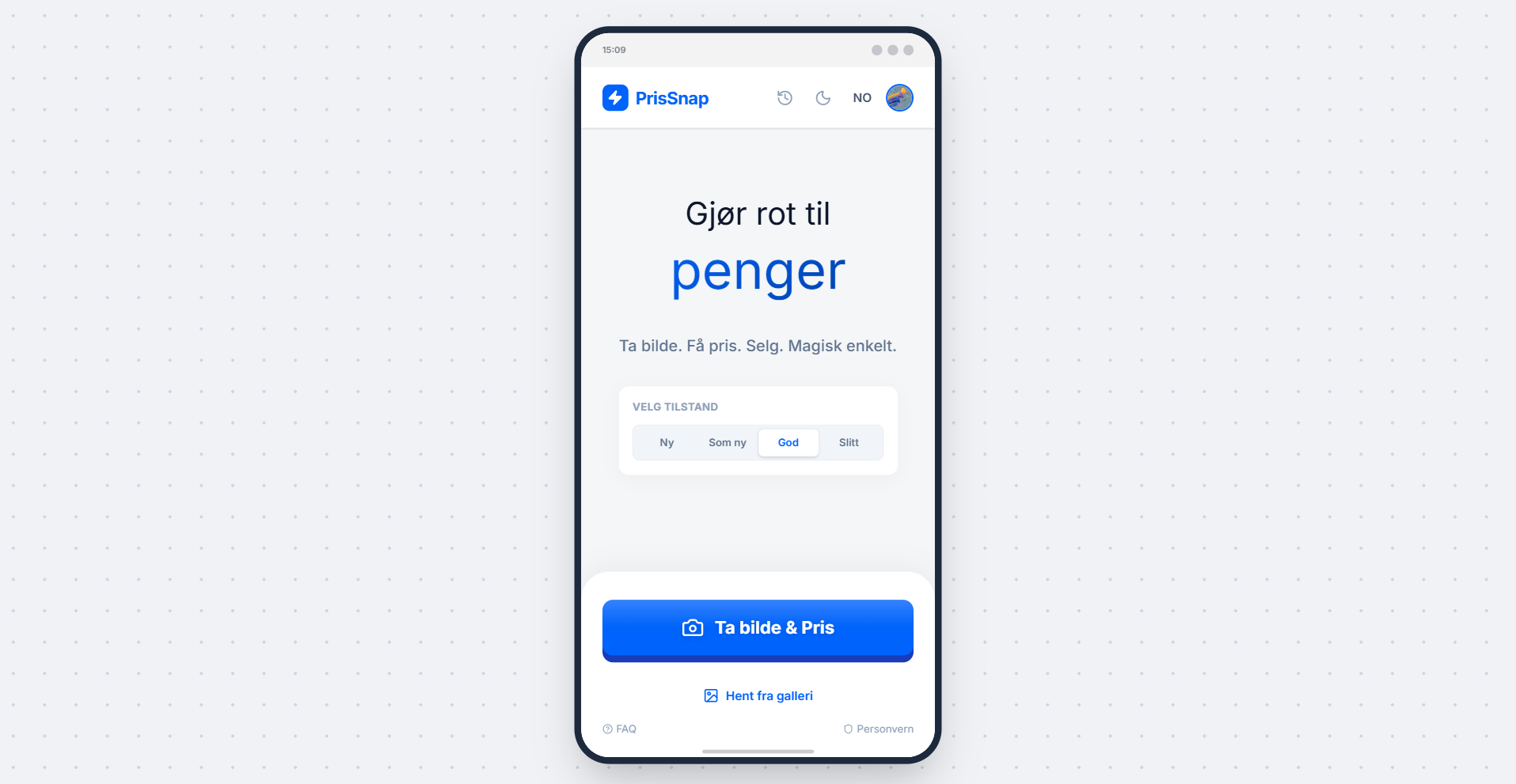 PrisSnap — mobile app that turns a photo of an item into an instant secondhand price and a ready-to-post FINN.no listing
